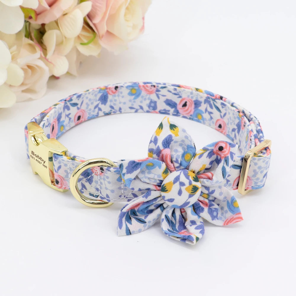 Persoalized Dog Collar Flower Printed Nylon Dog ID Collars Free Engraved Nameplate For Small Medium Large Dogs Chihuahua Pug