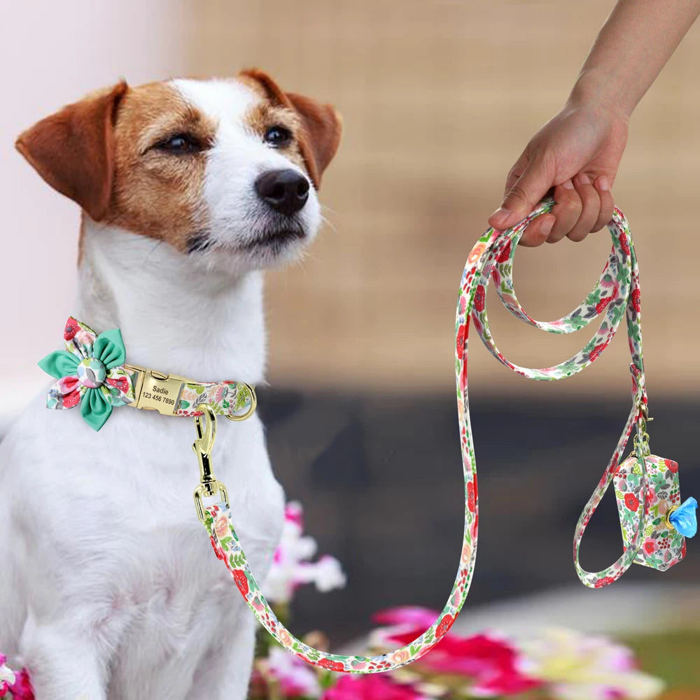 Persoalized Dog Collar Flower Printed Nylon Dog ID Collars Free Engraved Nameplate For Small Medium Large Dogs Chihuahua Pug