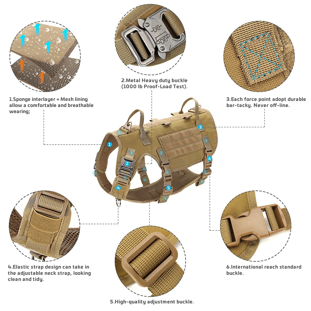 Tactical Military Dog Harness Collar Leash Set Durable Big Dog Training Harness Vest MOLLE For Large Dogs With Pouches Flag