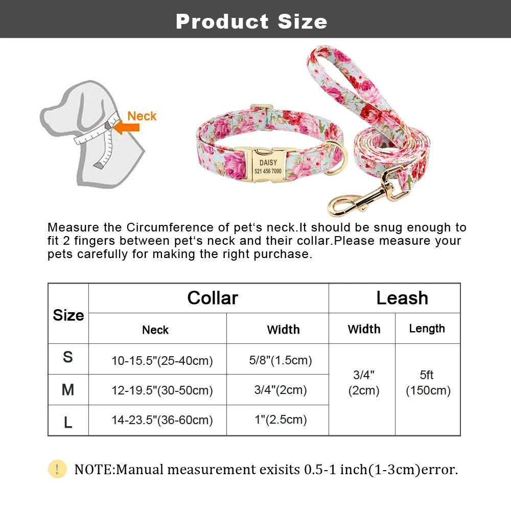 Personalized Printed Dog Collar Leash Set Customized Nylon Pet Collar Leash Free Engraved Nameplate For Small Medium Large Dogs