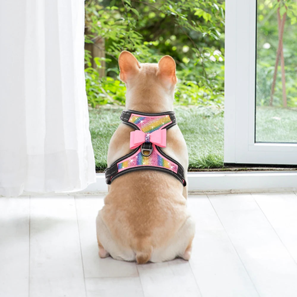 Fashion Reflective Bling Rhinestone Dog Harness Nylon Pitbull Pug Small Medium Dogs Harnesses Vest With Bowknot Dog Accessories