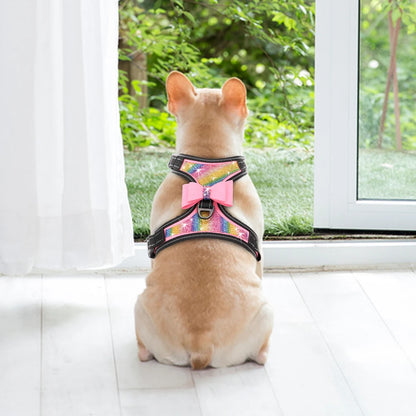 Fashion Reflective Bling Rhinestone Dog Harness Nylon Pitbull Pug Small Medium Dogs Harnesses Vest With Bowknot Dog Accessories