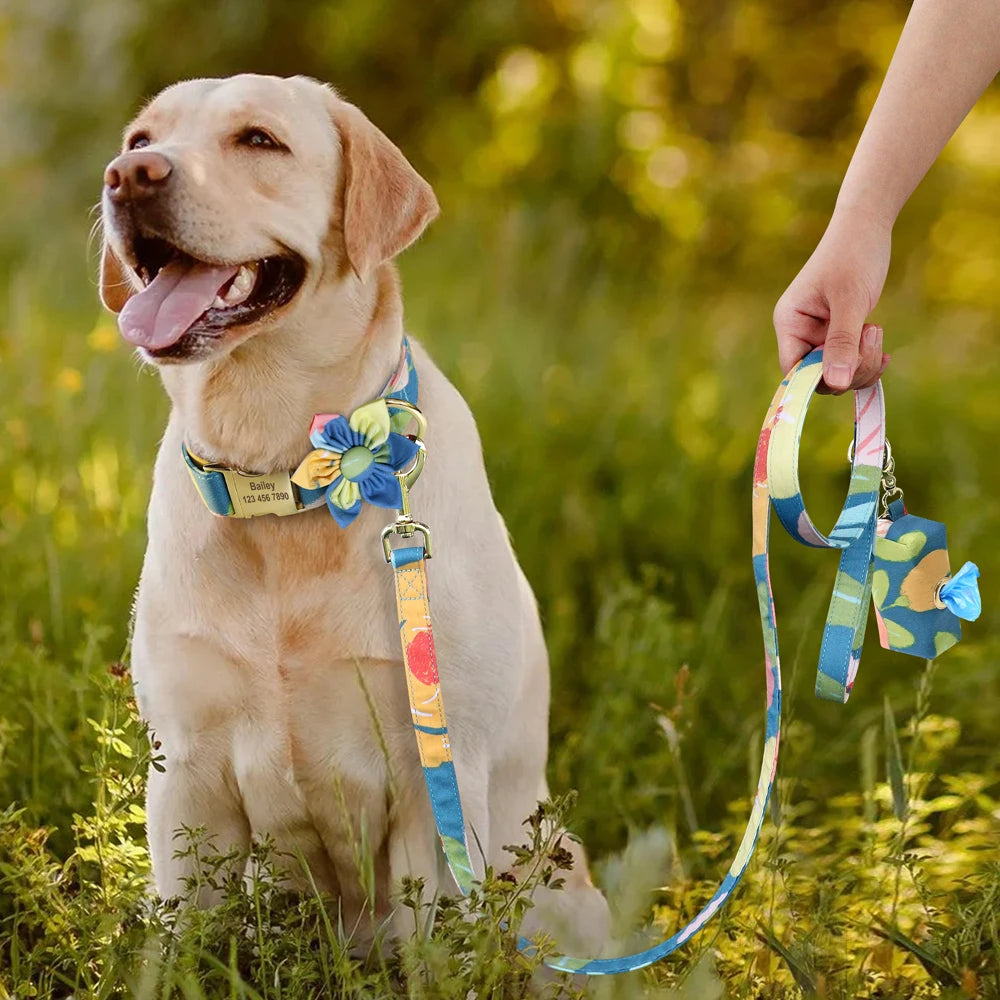 Persoalized Dog Collar Flower Printed Nylon Dog ID Collars Free Engraved Nameplate For Small Medium Large Dogs Chihuahua Pug