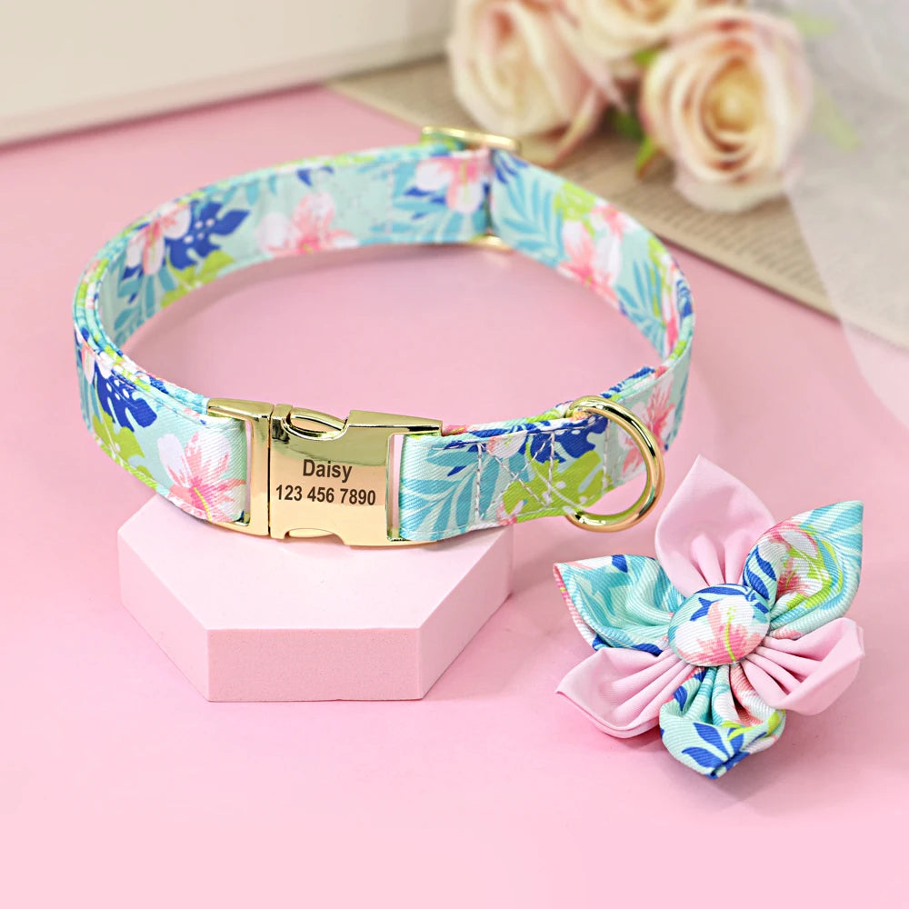 Persoalized Dog Collar Flower Printed Nylon Dog ID Collars Free Engraved Nameplate For Small Medium Large Dogs Chihuahua Pug