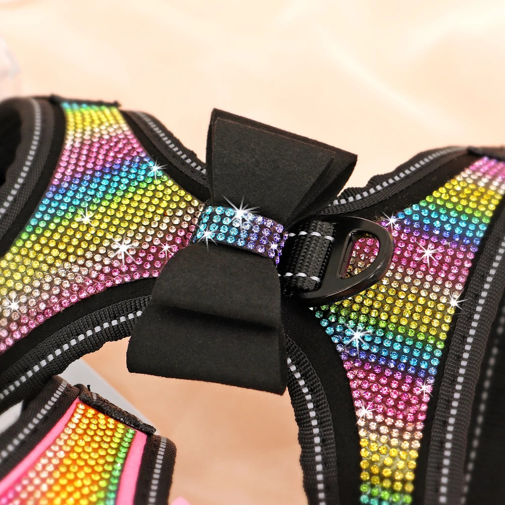 Fashion Reflective Bling Rhinestone Dog Harness Nylon Pitbull Pug Small Medium Dogs Harnesses Vest With Bowknot Dog Accessories