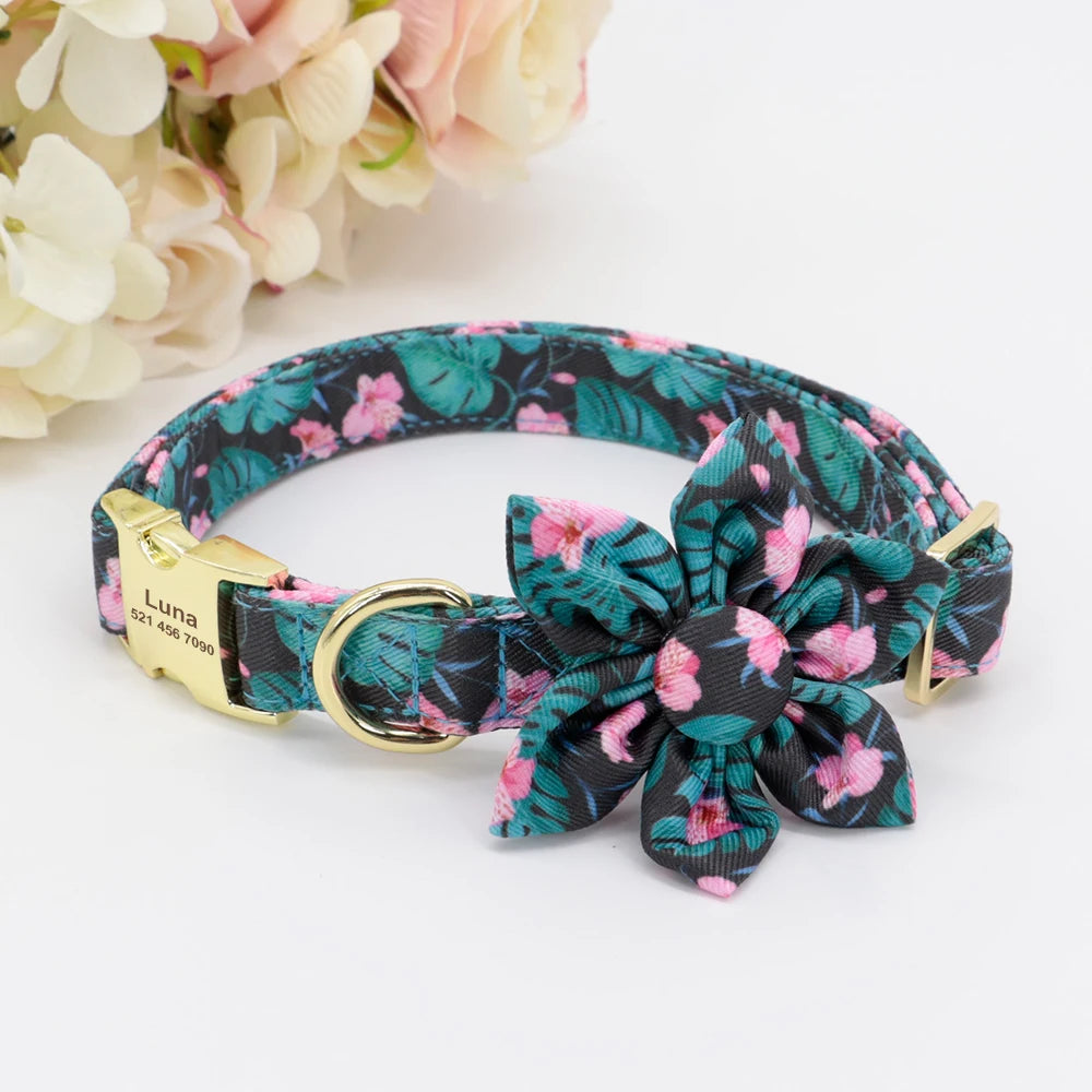 Persoalized Dog Collar Flower Printed Nylon Dog ID Collars Free Engraved Nameplate For Small Medium Large Dogs Chihuahua Pug