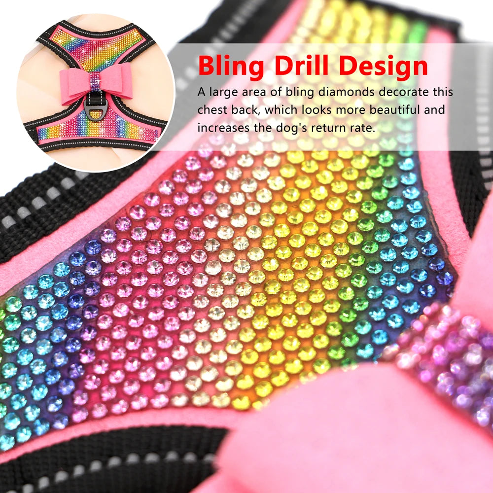 Fashion Reflective Bling Rhinestone Dog Harness Nylon Pitbull Pug Small Medium Dogs Harnesses Vest With Bowknot Dog Accessories