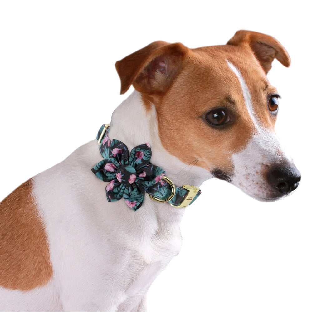 Persoalized Dog Collar Flower Printed Nylon Dog ID Collars Free Engraved Nameplate For Small Medium Large Dogs Chihuahua Pug
