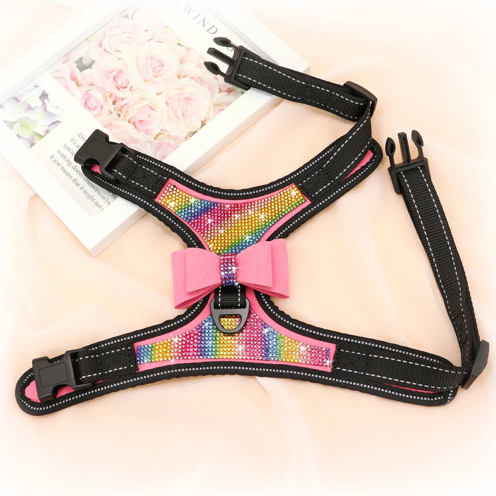 Fashion Reflective Bling Rhinestone Dog Harness Nylon Pitbull Pug Small Medium Dogs Harnesses Vest With Bowknot Dog Accessories