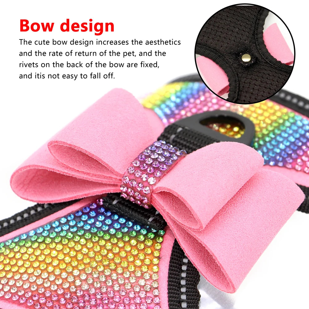Fashion Reflective Bling Rhinestone Dog Harness Nylon Pitbull Pug Small Medium Dogs Harnesses Vest With Bowknot Dog Accessories