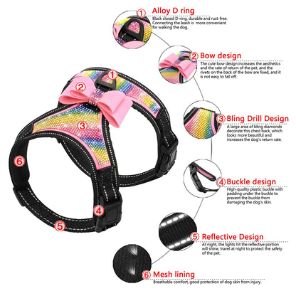 Fashion Reflective Bling Rhinestone Dog Harness Nylon Pitbull Pug Small Medium Dogs Harnesses Vest With Bowknot Dog Accessories