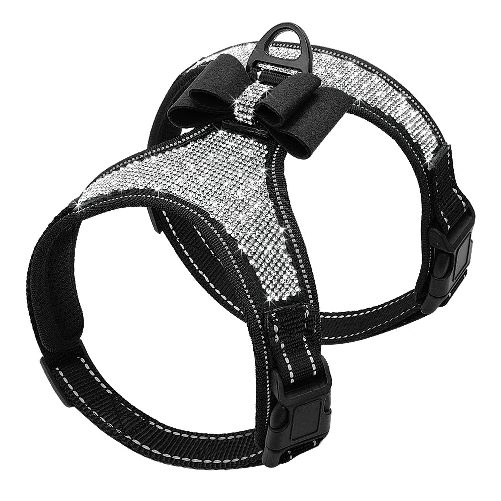Fashion Reflective Bling Rhinestone Dog Harness Nylon Pitbull Pug Small Medium Dogs Harnesses Vest With Bowknot Dog Accessories
