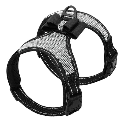 Fashion Reflective Bling Rhinestone Dog Harness Nylon Pitbull Pug Small Medium Dogs Harnesses Vest With Bowknot Dog Accessories