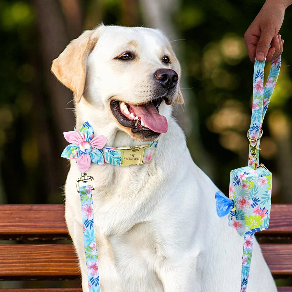 Persoalized Dog Collar Flower Printed Nylon Dog ID Collars Free Engraved Nameplate For Small Medium Large Dogs Chihuahua Pug