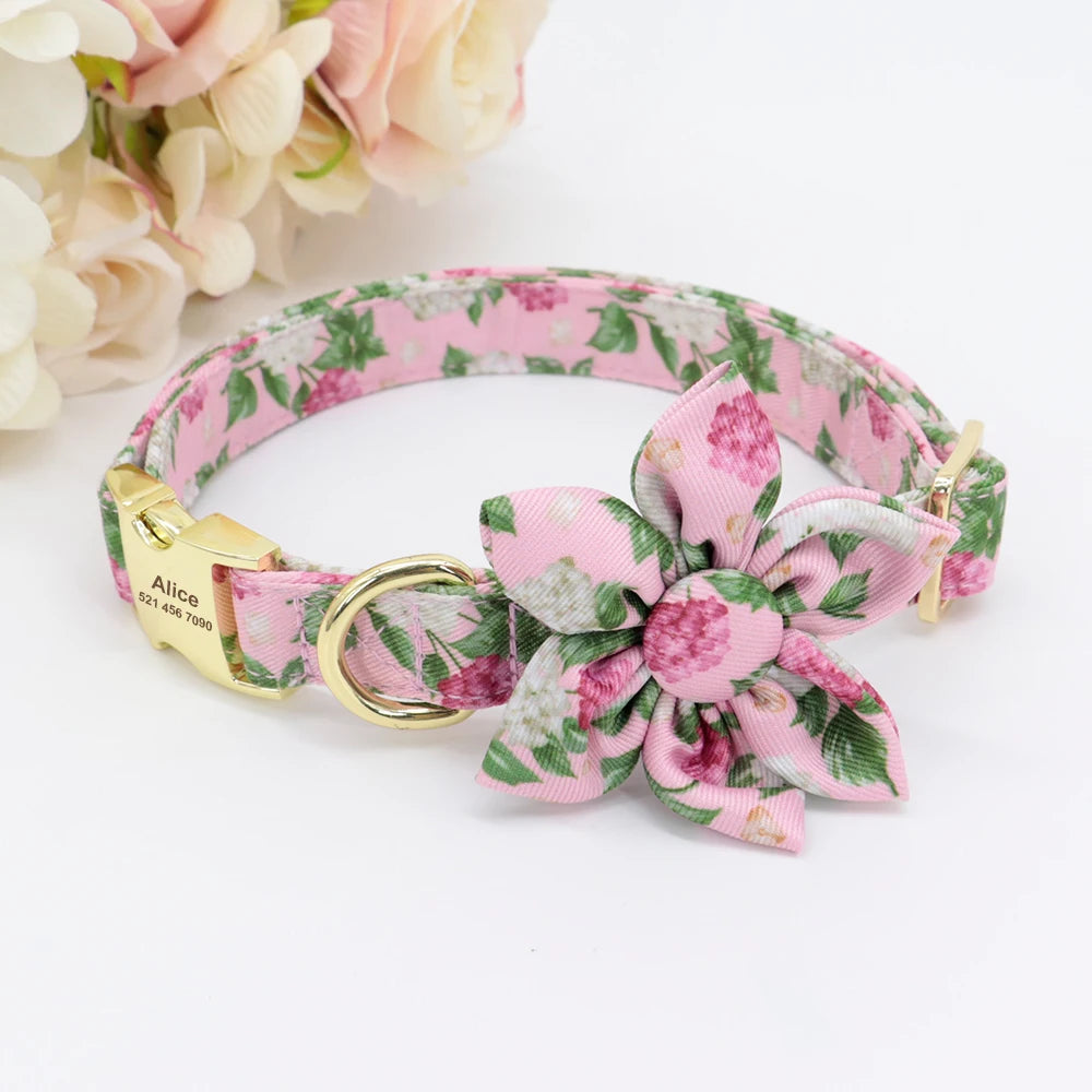 Persoalized Dog Collar Flower Printed Nylon Dog ID Collars Free Engraved Nameplate For Small Medium Large Dogs Chihuahua Pug
