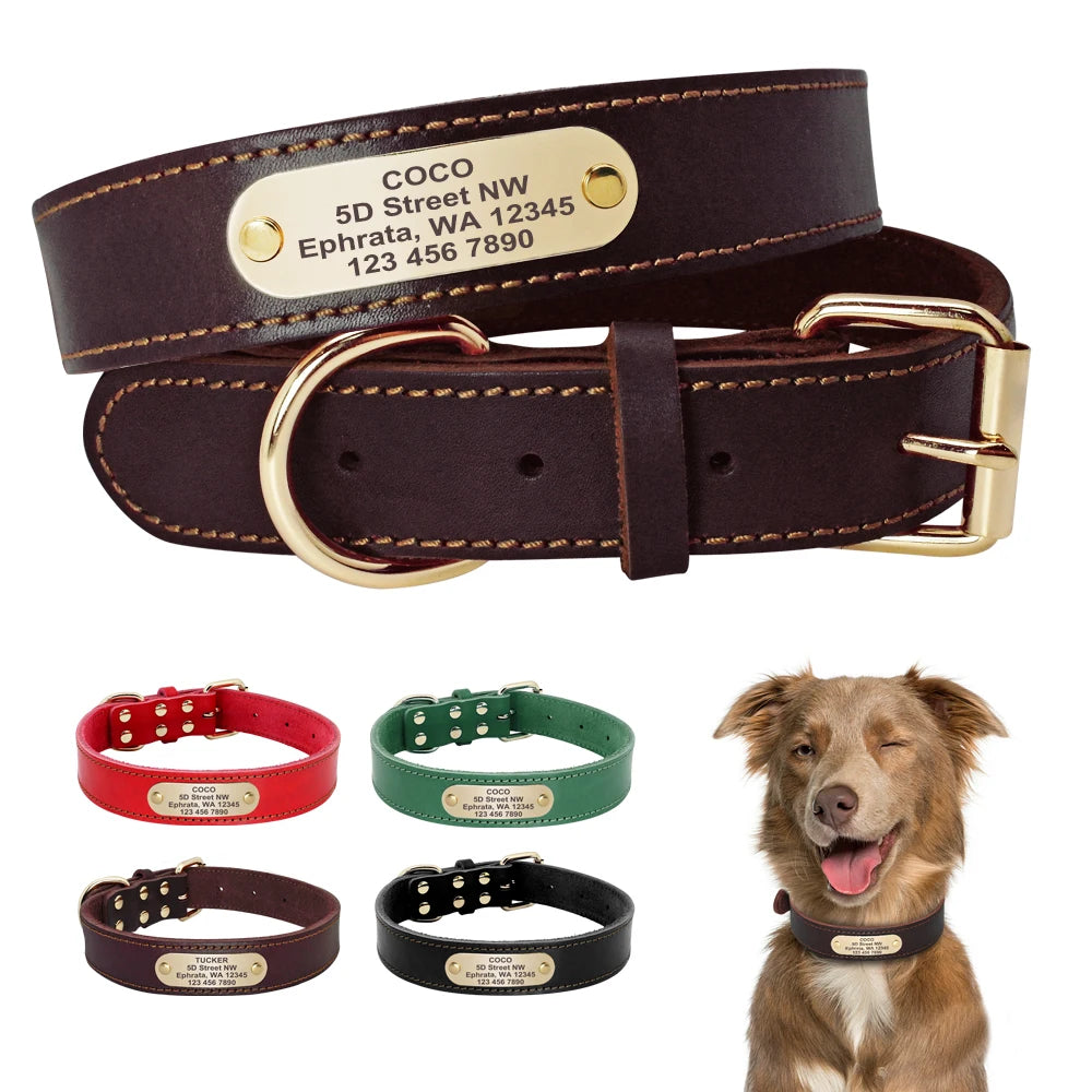 Custom Dog Collar Leather Dog Tag Collars Engraved Pet ID Tag Collars For Small Medium Large Dogs French Bulldog Pug Pitbull