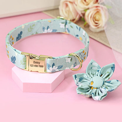 Persoalized Dog Collar Flower Printed Nylon Dog ID Collars Free Engraved Nameplate For Small Medium Large Dogs Chihuahua Pug