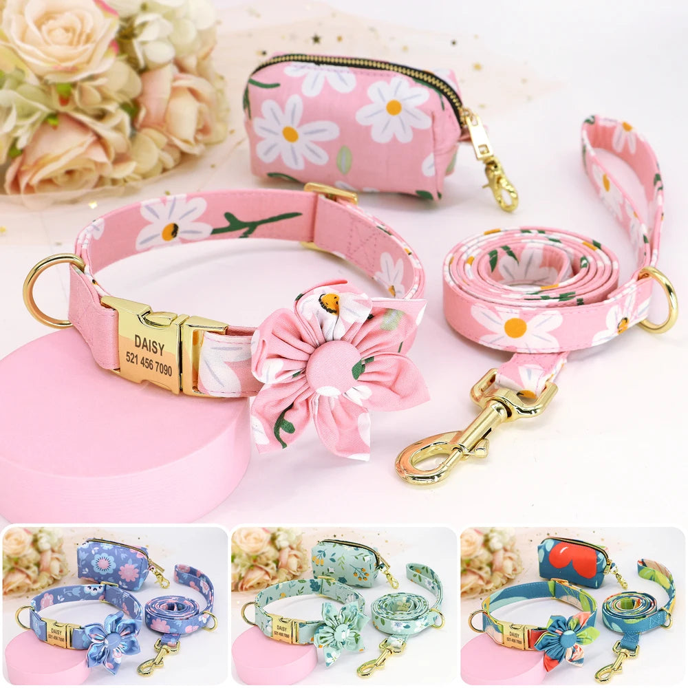 Persoalized Dog Collar Flower Printed Nylon Dog ID Collars Free Engraved Nameplate For Small Medium Large Dogs Chihuahua Pug