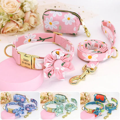 Persoalized Dog Collar Flower Printed Nylon Dog ID Collars Free Engraved Nameplate For Small Medium Large Dogs Chihuahua Pug
