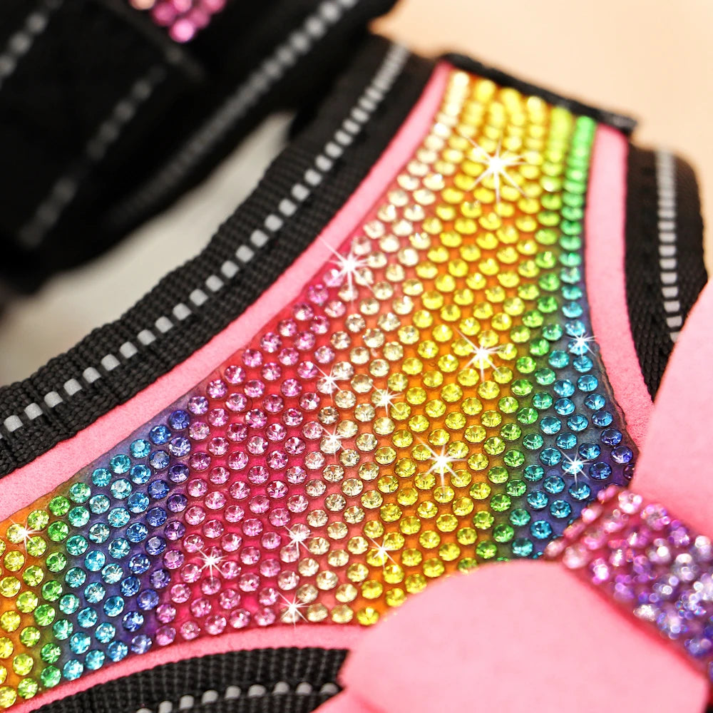 Fashion Reflective Bling Rhinestone Dog Harness Nylon Pitbull Pug Small Medium Dogs Harnesses Vest With Bowknot Dog Accessories