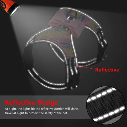 Fashion Reflective Bling Rhinestone Dog Harness Nylon Pitbull Pug Small Medium Dogs Harnesses Vest With Bowknot Dog Accessories