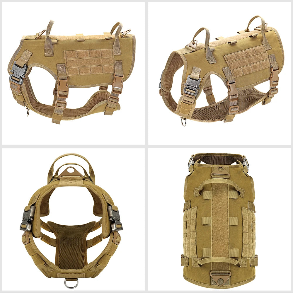 Tactical Military Dog Harness Collar Leash Set Durable Big Dog Training Harness Vest MOLLE For Large Dogs With Pouches Flag