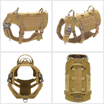 Tactical Military Dog Harness Collar Leash Set Durable Big Dog Training Harness Vest MOLLE For Large Dogs With Pouches Flag
