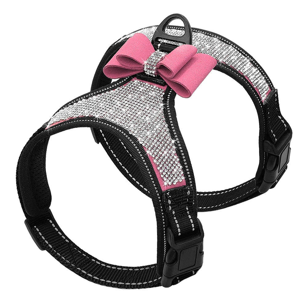 Fashion Reflective Bling Rhinestone Dog Harness Nylon Pitbull Pug Small Medium Dogs Harnesses Vest With Bowknot Dog Accessories