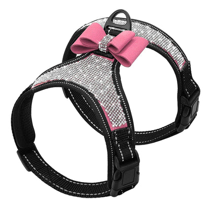 Fashion Reflective Bling Rhinestone Dog Harness Nylon Pitbull Pug Small Medium Dogs Harnesses Vest With Bowknot Dog Accessories
