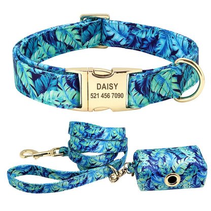 Personalized Printed Dog Collar Leash Set Customized Nylon Pet Collar Leash Free Engraved Nameplate For Small Medium Large Dogs