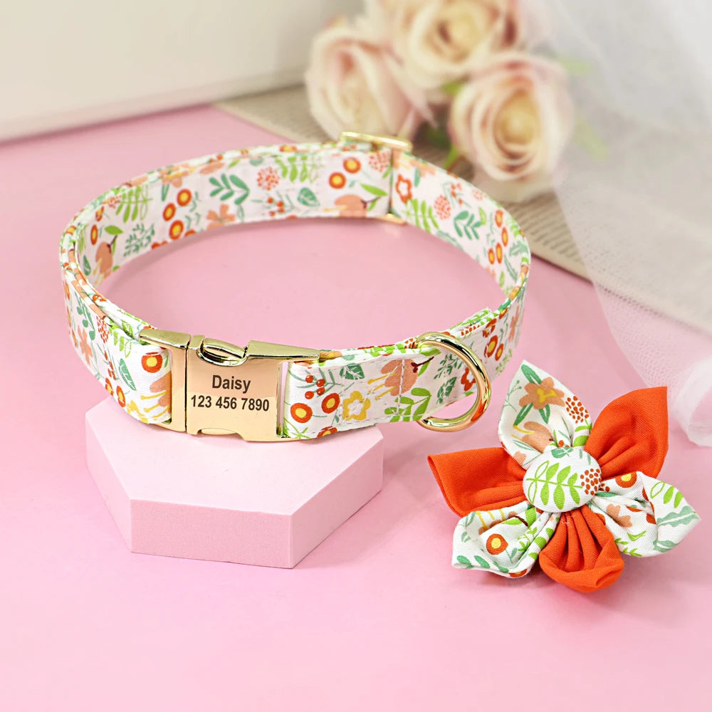 Persoalized Dog Collar Flower Printed Nylon Dog ID Collars Free Engraved Nameplate For Small Medium Large Dogs Chihuahua Pug