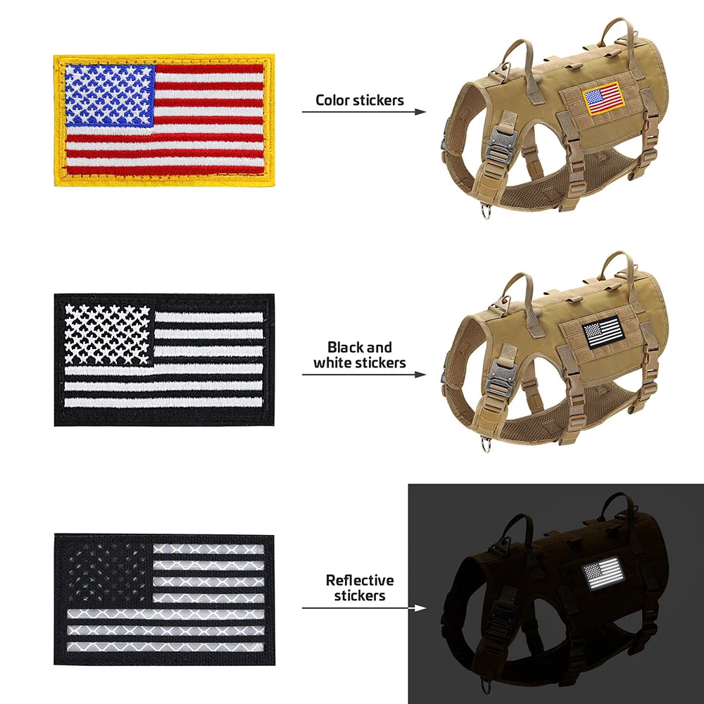 Tactical Military Dog Harness Collar Leash Set Durable Big Dog Training Harness Vest MOLLE For Large Dogs With Pouches Flag
