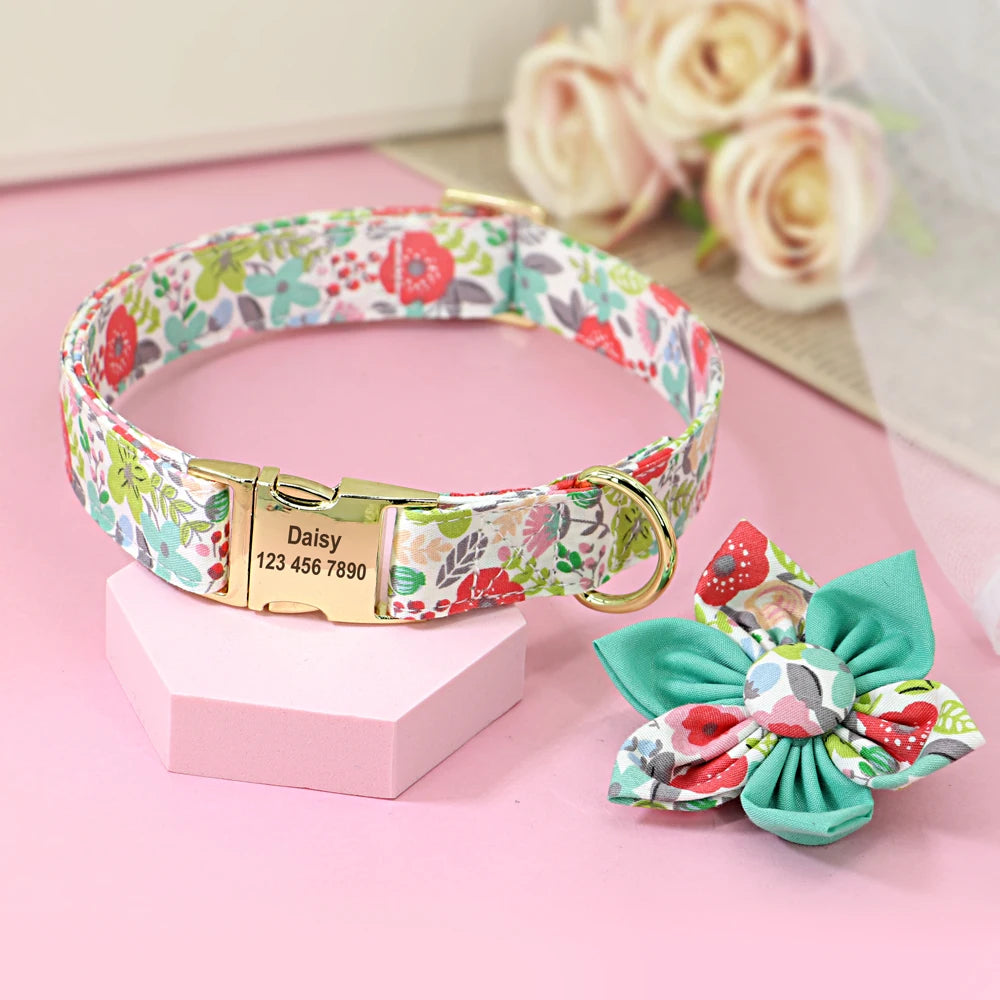 Persoalized Dog Collar Flower Printed Nylon Dog ID Collars Free Engraved Nameplate For Small Medium Large Dogs Chihuahua Pug