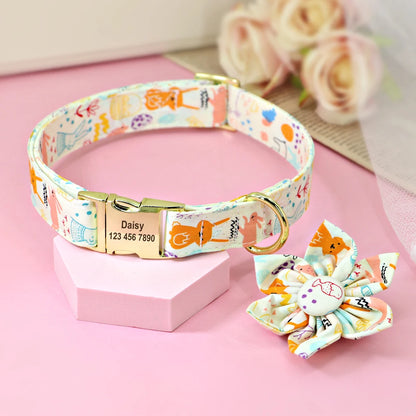 Persoalized Dog Collar Flower Printed Nylon Dog ID Collars Free Engraved Nameplate For Small Medium Large Dogs Chihuahua Pug