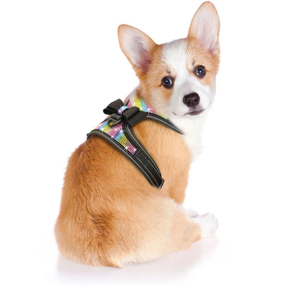 Fashion Reflective Bling Rhinestone Dog Harness Nylon Pitbull Pug Small Medium Dogs Harnesses Vest With Bowknot Dog Accessories