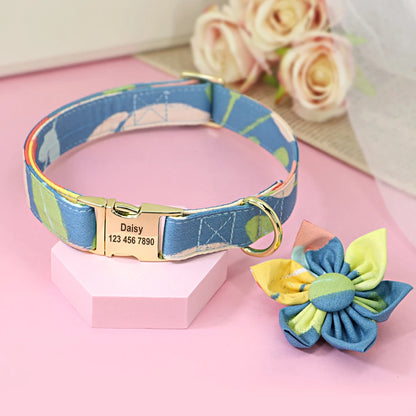 Persoalized Dog Collar Flower Printed Nylon Dog ID Collars Free Engraved Nameplate For Small Medium Large Dogs Chihuahua Pug