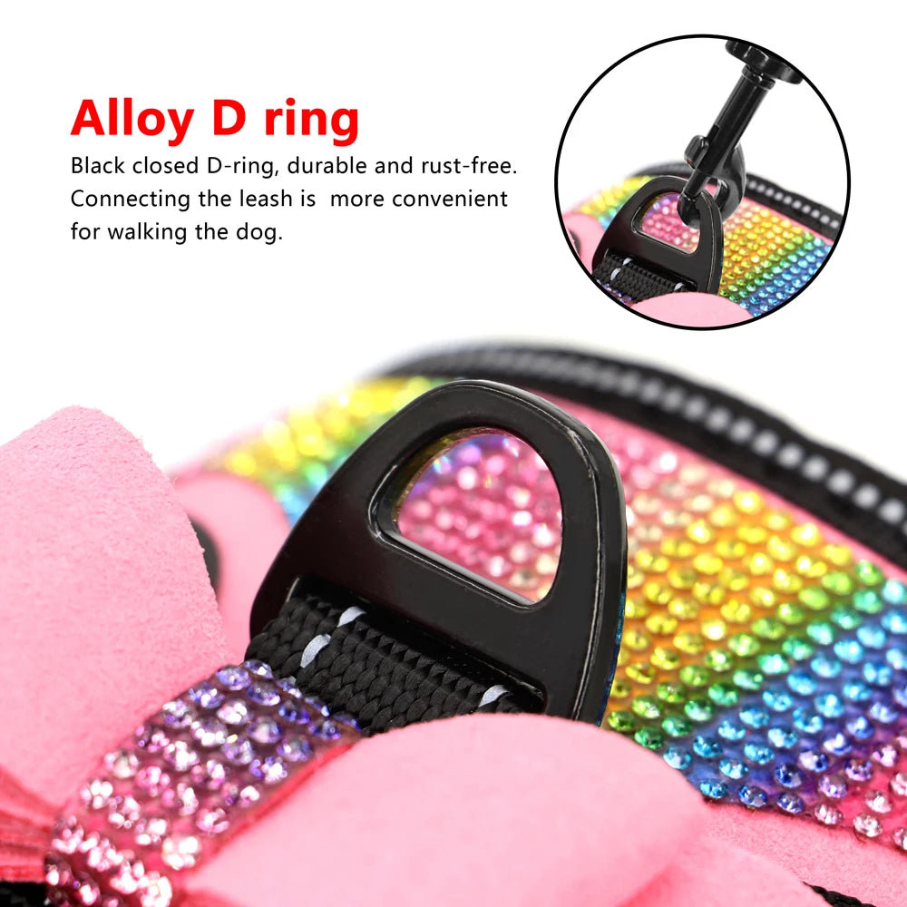 Fashion Reflective Bling Rhinestone Dog Harness Nylon Pitbull Pug Small Medium Dogs Harnesses Vest With Bowknot Dog Accessories