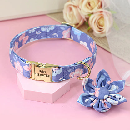 Persoalized Dog Collar Flower Printed Nylon Dog ID Collars Free Engraved Nameplate For Small Medium Large Dogs Chihuahua Pug