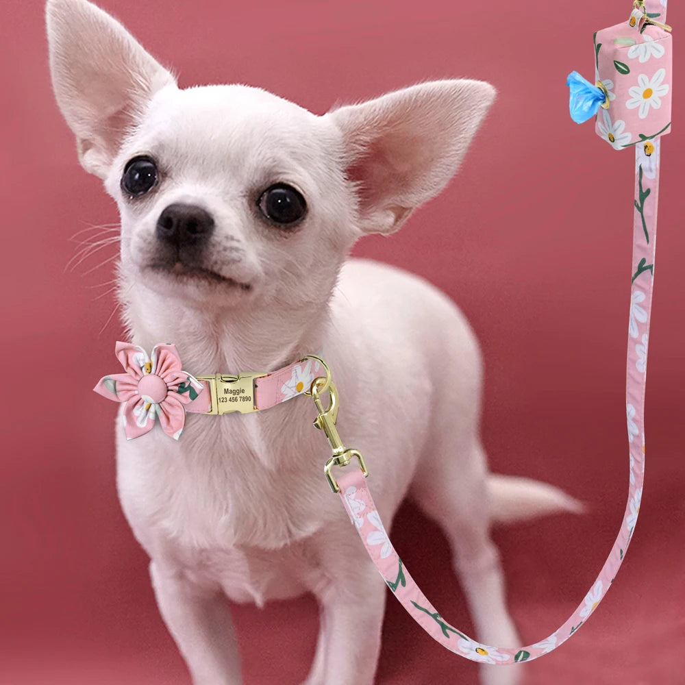 Persoalized Dog Collar Flower Printed Nylon Dog ID Collars Free Engraved Nameplate For Small Medium Large Dogs Chihuahua Pug