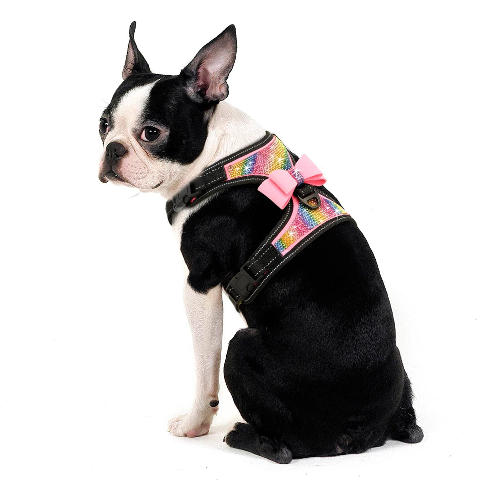 Fashion Reflective Bling Rhinestone Dog Harness Nylon Pitbull Pug Small Medium Dogs Harnesses Vest With Bowknot Dog Accessories