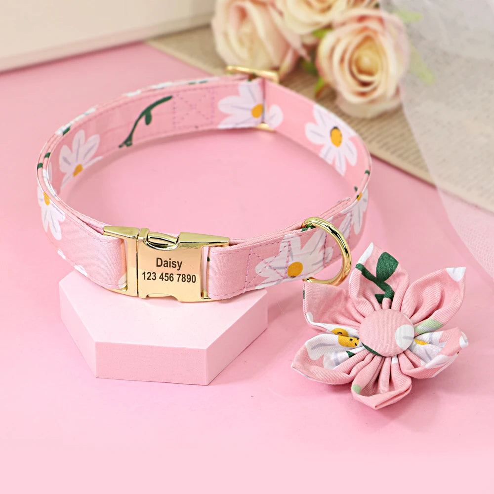 Persoalized Dog Collar Flower Printed Nylon Dog ID Collars Free Engraved Nameplate For Small Medium Large Dogs Chihuahua Pug