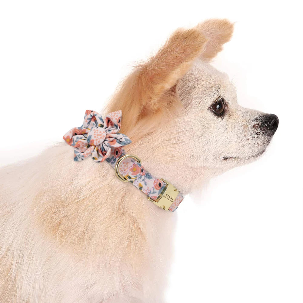Persoalized Dog Collar Flower Printed Nylon Dog ID Collars Free Engraved Nameplate For Small Medium Large Dogs Chihuahua Pug