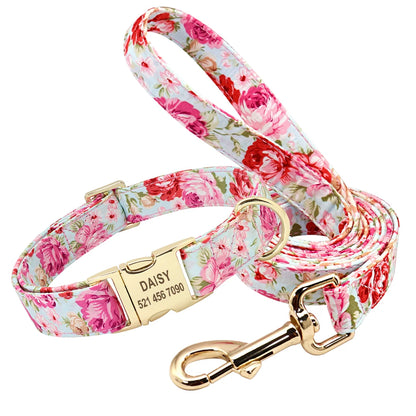 Personalized Printed Dog Collar Leash Set Customized Nylon Pet Collar Leash Free Engraved Nameplate For Small Medium Large Dogs