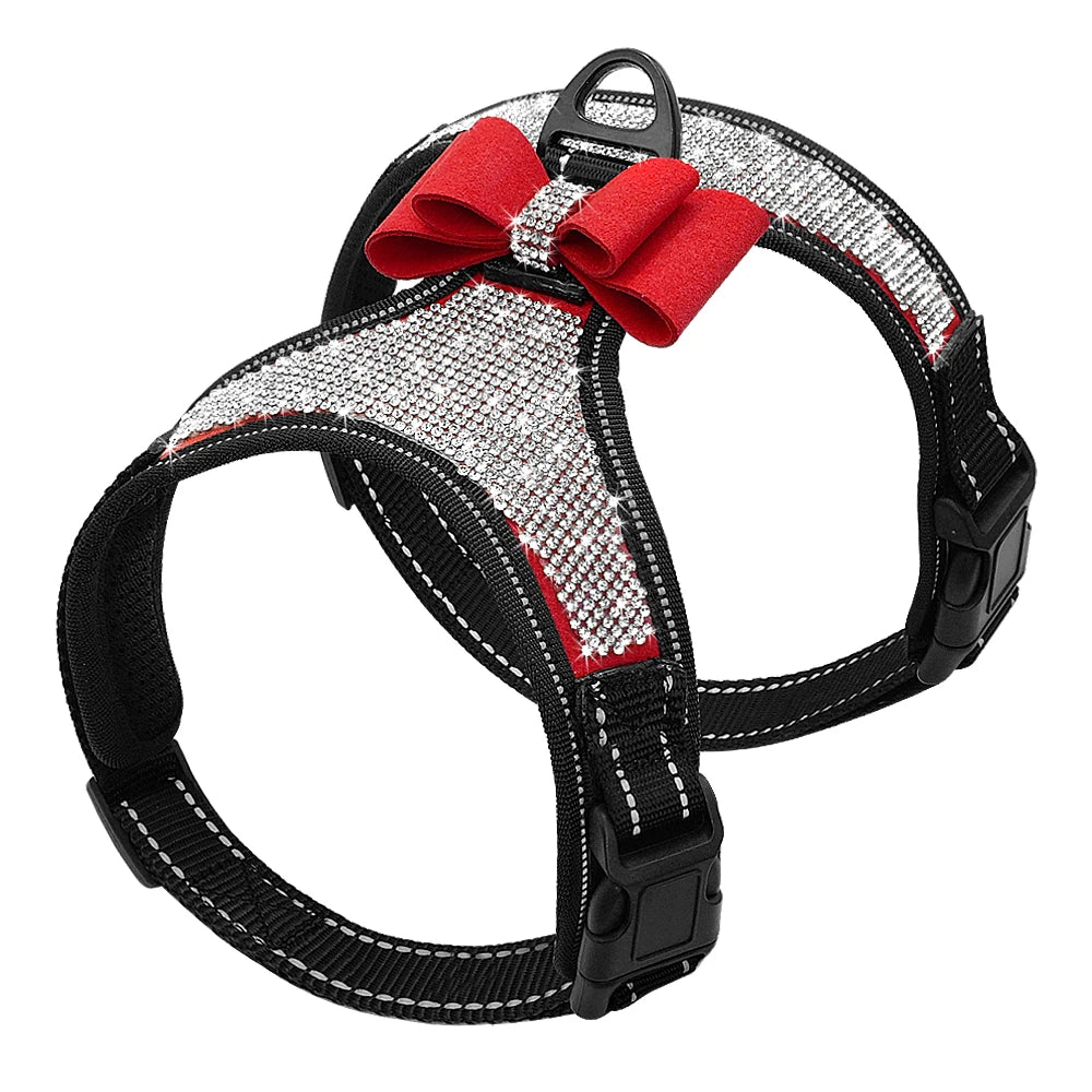 Fashion Reflective Bling Rhinestone Dog Harness Nylon Pitbull Pug Small Medium Dogs Harnesses Vest With Bowknot Dog Accessories