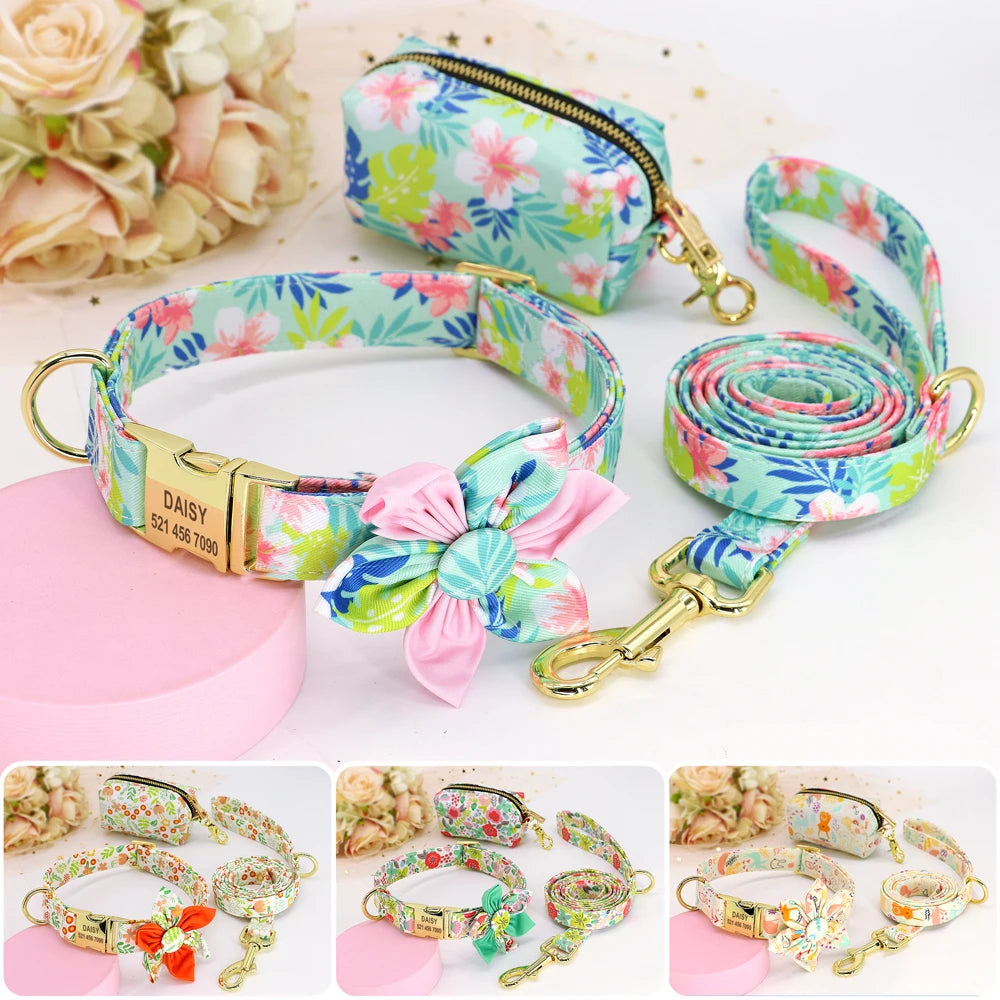 Persoalized Dog Collar Flower Printed Nylon Dog ID Collars Free Engraved Nameplate For Small Medium Large Dogs Chihuahua Pug