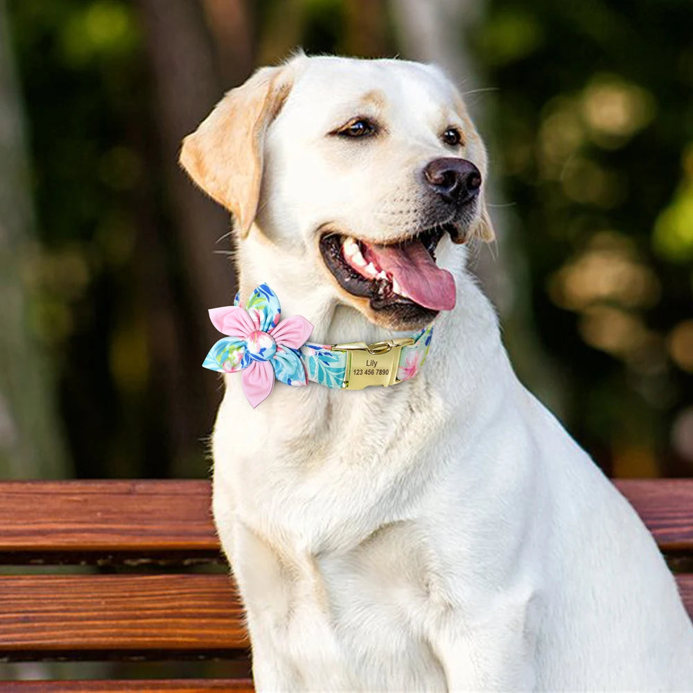 Persoalized Dog Collar Flower Printed Nylon Dog ID Collars Free Engraved Nameplate For Small Medium Large Dogs Chihuahua Pug
