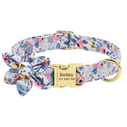Persoalized Dog Collar Flower Printed Nylon Dog ID Collars Free Engraved Nameplate For Small Medium Large Dogs Chihuahua Pug