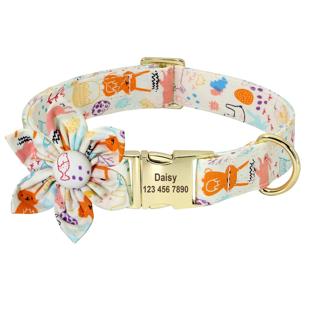 Persoalized Dog Collar Flower Printed Nylon Dog ID Collars Free Engraved Nameplate For Small Medium Large Dogs Chihuahua Pug