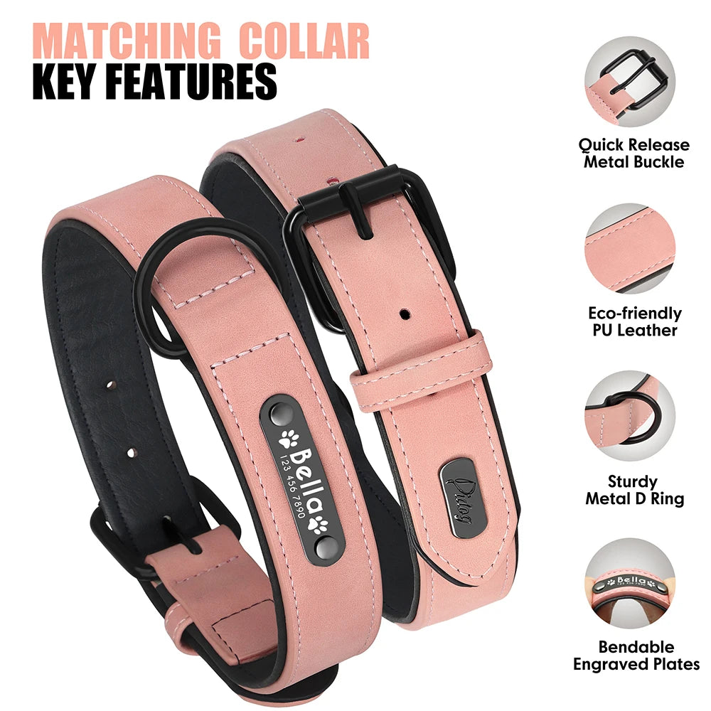 Personalized Dog Collar Leash Set Custom Leather Dog ID Collar Leash Lead For Small Medium Large Dogs Pitbull Bulldog Pugs