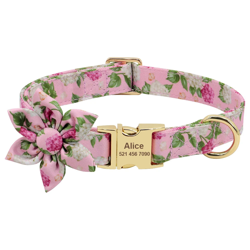 Persoalized Dog Collar Flower Printed Nylon Dog ID Collars Free Engraved Nameplate For Small Medium Large Dogs Chihuahua Pug
